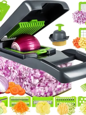 15-in-1 vegetable cutter slicer with multiple blades for chopping, dicing, and slicing vegetables easily.