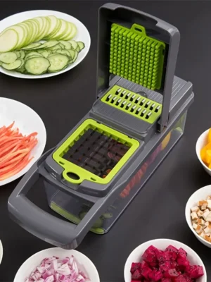 vegetables like strawberries, tomatoes, apples, onions, beets, cucumbers, carrots, potatoes, and peppers as suitable items to be cut using the slicer.